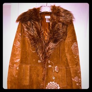 Suede Jacket, fake fur & embroidered flowers